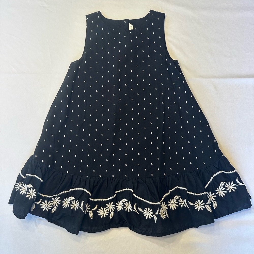 Janie and Jack Black Dress with White Accents and Embroidered Flowers Girls Sz 5